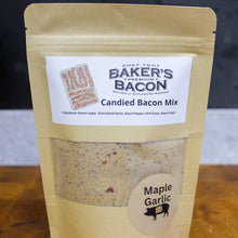 Load image into Gallery viewer, Package of Baker's Premium Bacon Candied Bacon Mix with a label on a wooden surface.