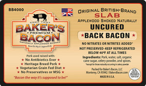 Baker's Bacon Uncured Back Bacon Slab BB4000 label