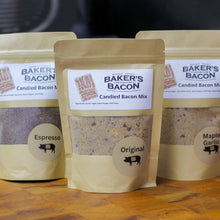 Load image into Gallery viewer, Three packages of Baker&#39;s Bacon Candied Bacon Mix on a wooden surface.
