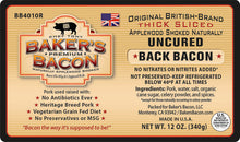 Load image into Gallery viewer, Baker&#39;s Bacon Uncured Back Bacon BB4010R label
